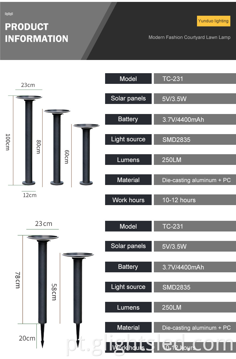 Lâmpada solar de jardim LED 60 CM para gramado de alumínio à prova d 'água de alta qualidade